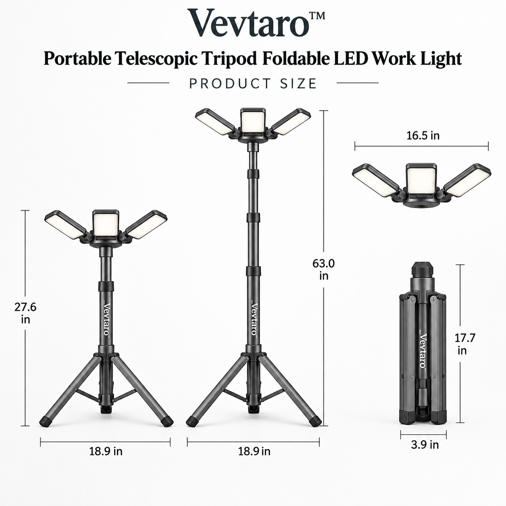 Vevtaro™ Portable Telescopic Tripod Foldable LED Work Light — Dimensions