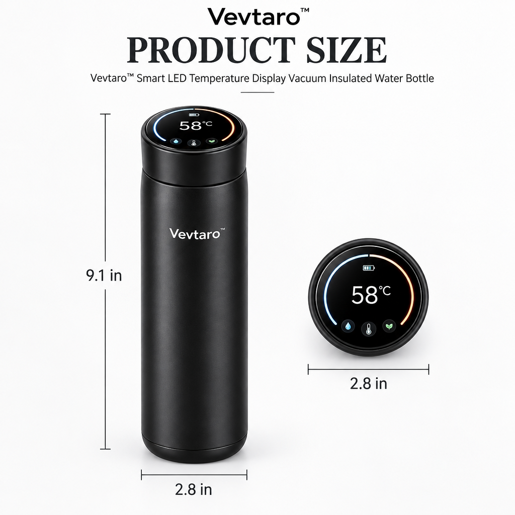 Vevtaro™ Smart LED Temperature Display Vacuum Insulated Water Bottle — Dimensions