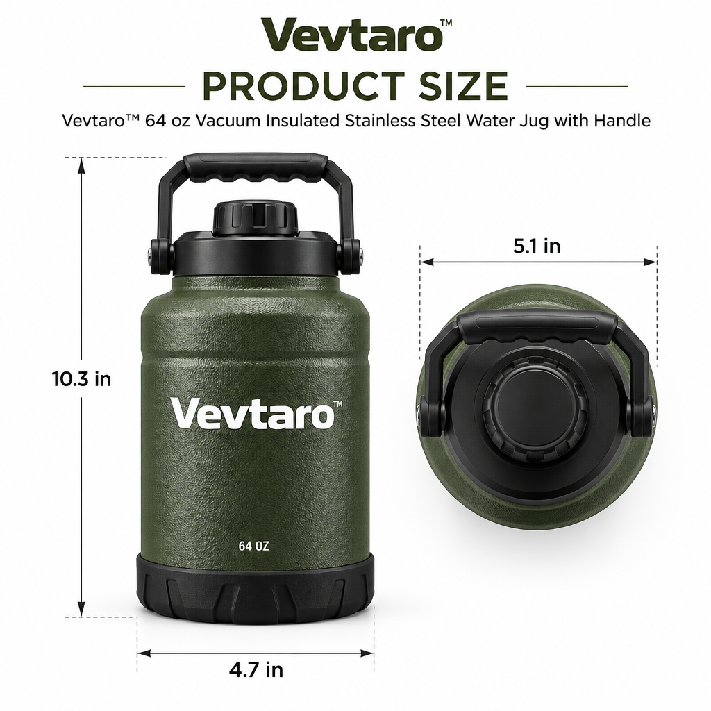 Vevtaro™ 64 oz Vacuum Insulated Stainless Steel Water Jug with Handle — Dimensions