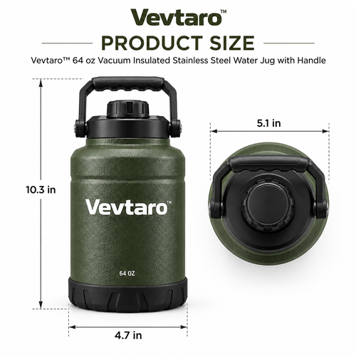 Vevtaro™ 64 oz Vacuum Insulated Stainless Steel Water Jug with Handle — Dimensions