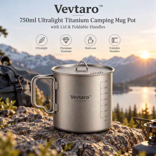 Vevtaro™ 750ml Ultralight Titanium Camping Mug Pot with Lid & Foldable Handles — Lifestyle