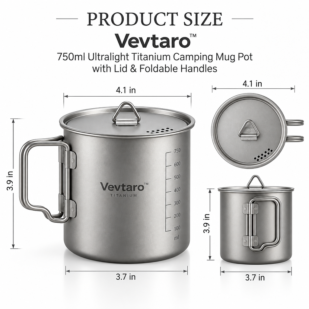 Vevtaro™ 750ml Ultralight Titanium Camping Mug Pot with Lid & Foldable Handles — Dimensions