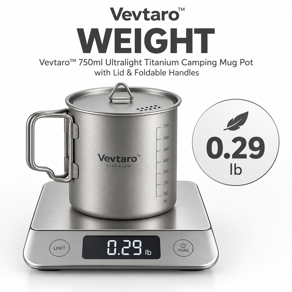 Vevtaro™ 750ml Ultralight Titanium Camping Mug Pot with Lid & Foldable Handles — Weight