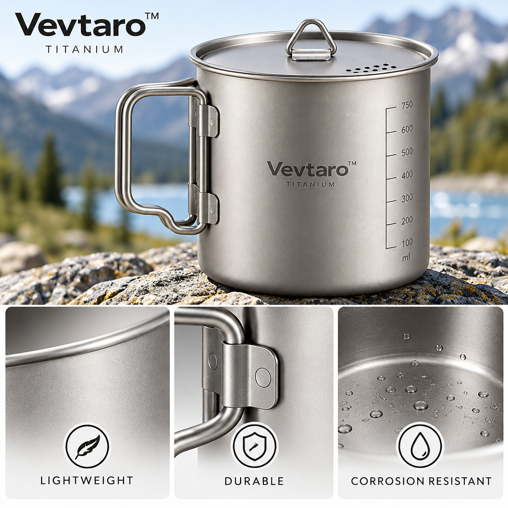 Vevtaro™ 750ml Ultralight Titanium Camping Mug Pot with Lid & Foldable Handles — Materials & Structure