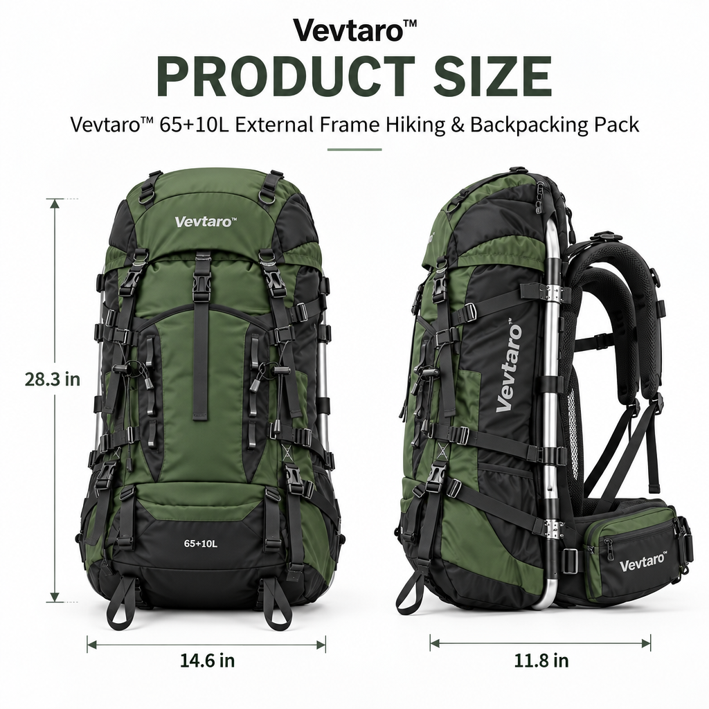 Vevtaro™ 65+10L External Frame Hiking & Backpacking Pack — Dimensions