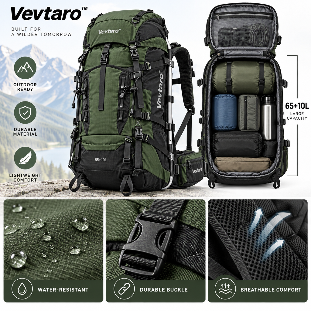 Vevtaro™ 65+10L External Frame Hiking & Backpacking Pack — Materials & Structure