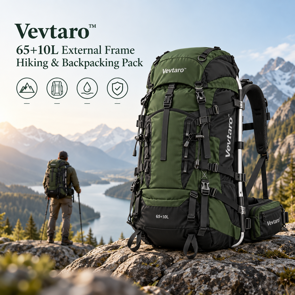 Vevtaro™ 65+10L External Frame Hiking & Backpacking Pack — Brand Hero