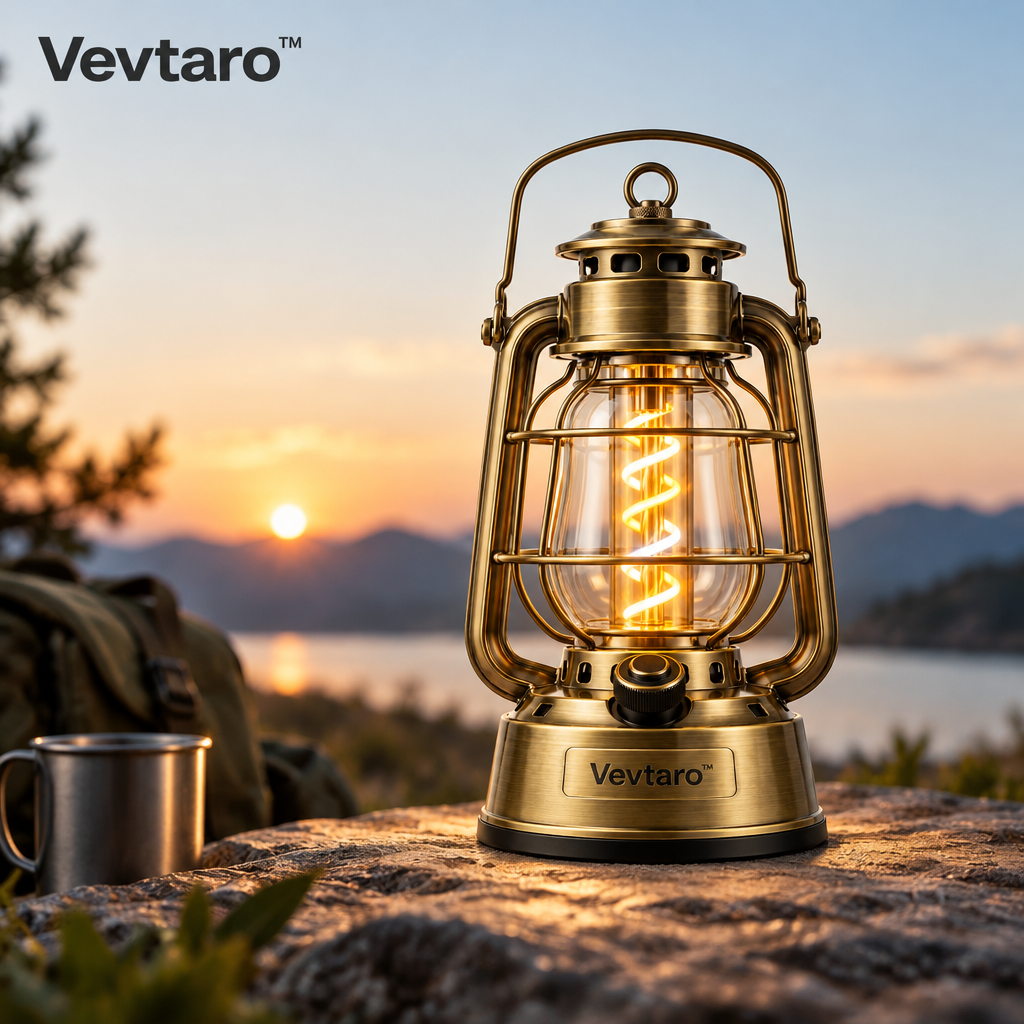 Vevtaro™ Vintage Brass Spiral Filament LED Camping Lantern — Lifestyle