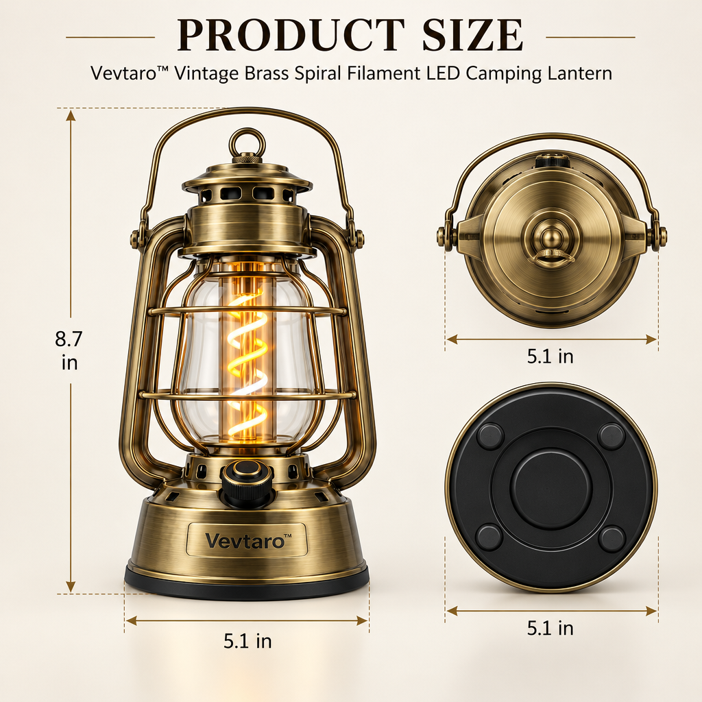 Vevtaro™ Vintage Brass Spiral Filament LED Camping Lantern — Dimensions