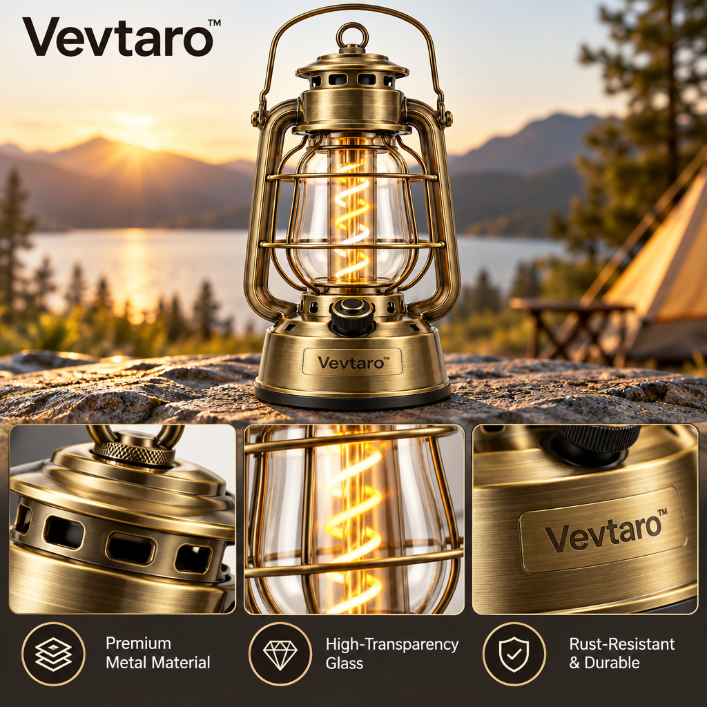 Vevtaro™ Vintage Brass Spiral Filament LED Camping Lantern — Materials & Structure