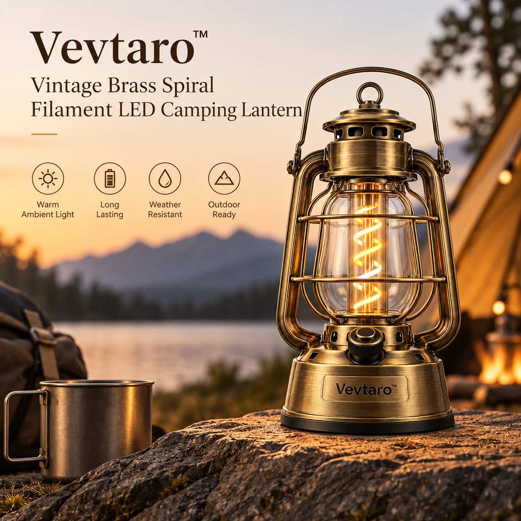 Vevtaro™ Vintage Brass Spiral Filament LED Camping Lantern — Brand Hero