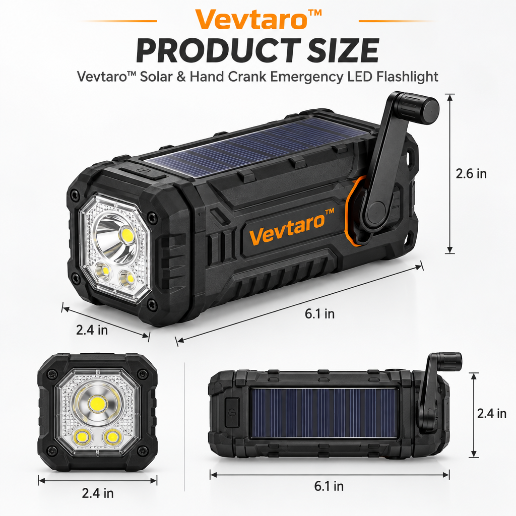 Vevtaro™ Solar & Hand Crank Emergency LED Flashlight — Dimensions